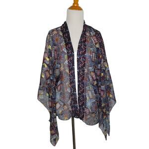 Anna Sui Silk Kimono Sheer Open Front Metallic Abstract Print Women M/L